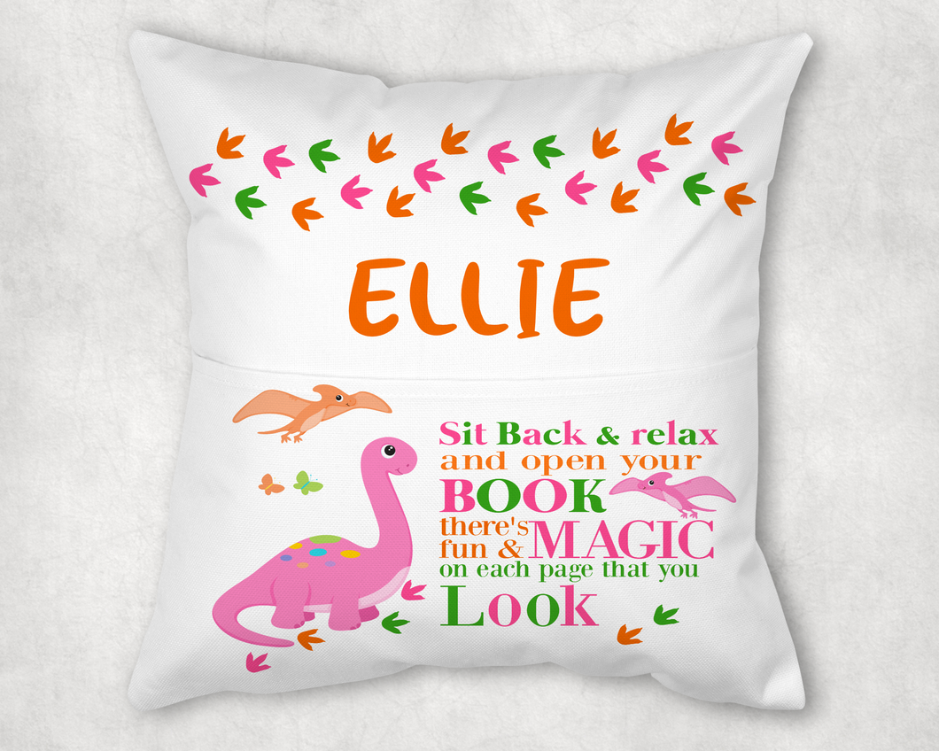 Pink Dinosaur Book Pocket Cushion