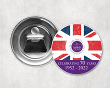 Load image into Gallery viewer, The Queens Platinum Jubilee 2022 Badge Bottle Opener Magnet / Fridge Magnet Bottle Opener / Union Jack / Jubilee 2022 Queens Jubilee
